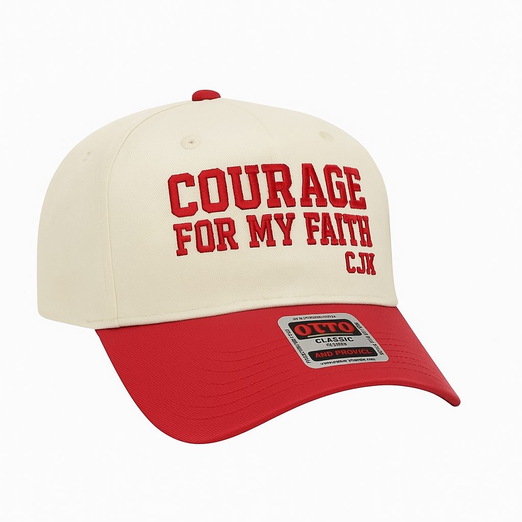 Charlie Kirk Courage For My Faith Hat with CJK initials. Red / Natural. Two Toned