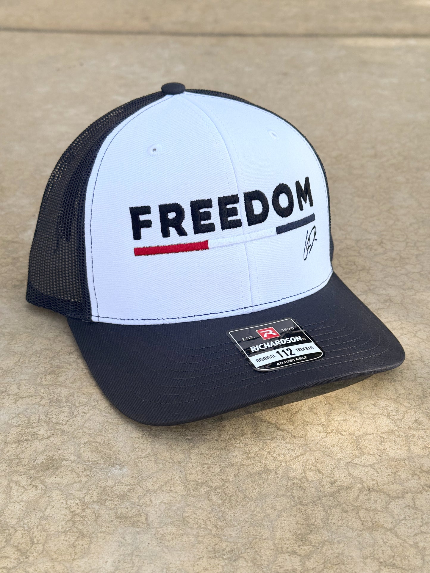 Charlie Kirk Freedom Hat with Initials and American Flag Bar in Navy and White