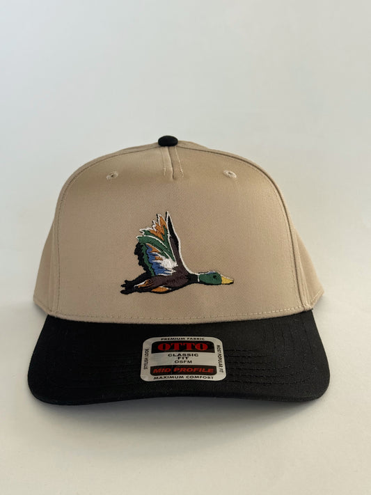 Mallard Duck Hat on Tan / Black 5 panel Badeball Cap