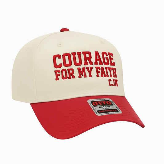 Charlie Kirk Courage For My Faith Hat with CJK initials. Red / Natural. Two Toned