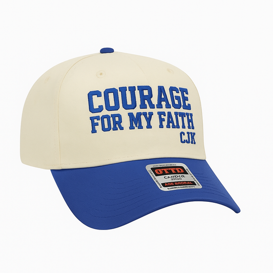 Charlie Kirk Courage For My Faith Hat with CJK initials. Blue / Natural Two Toned