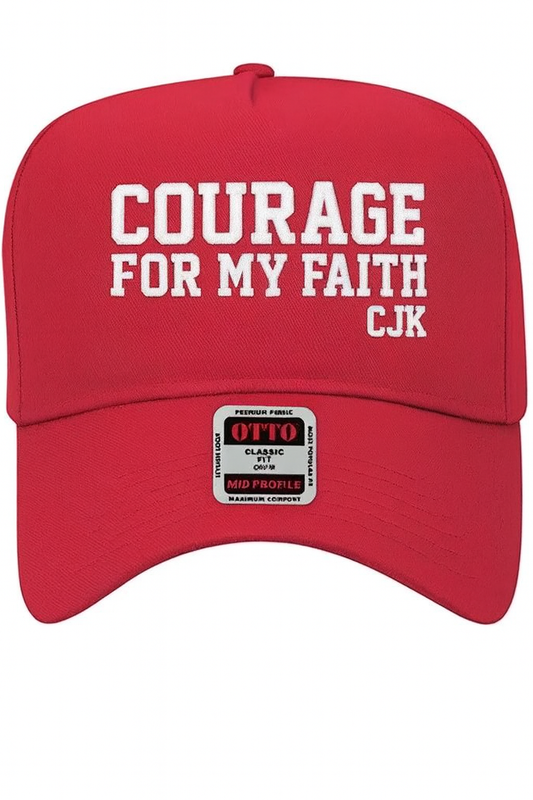 Charlie Kirk Courage For My Faith Hat with CJK initials. All Red.