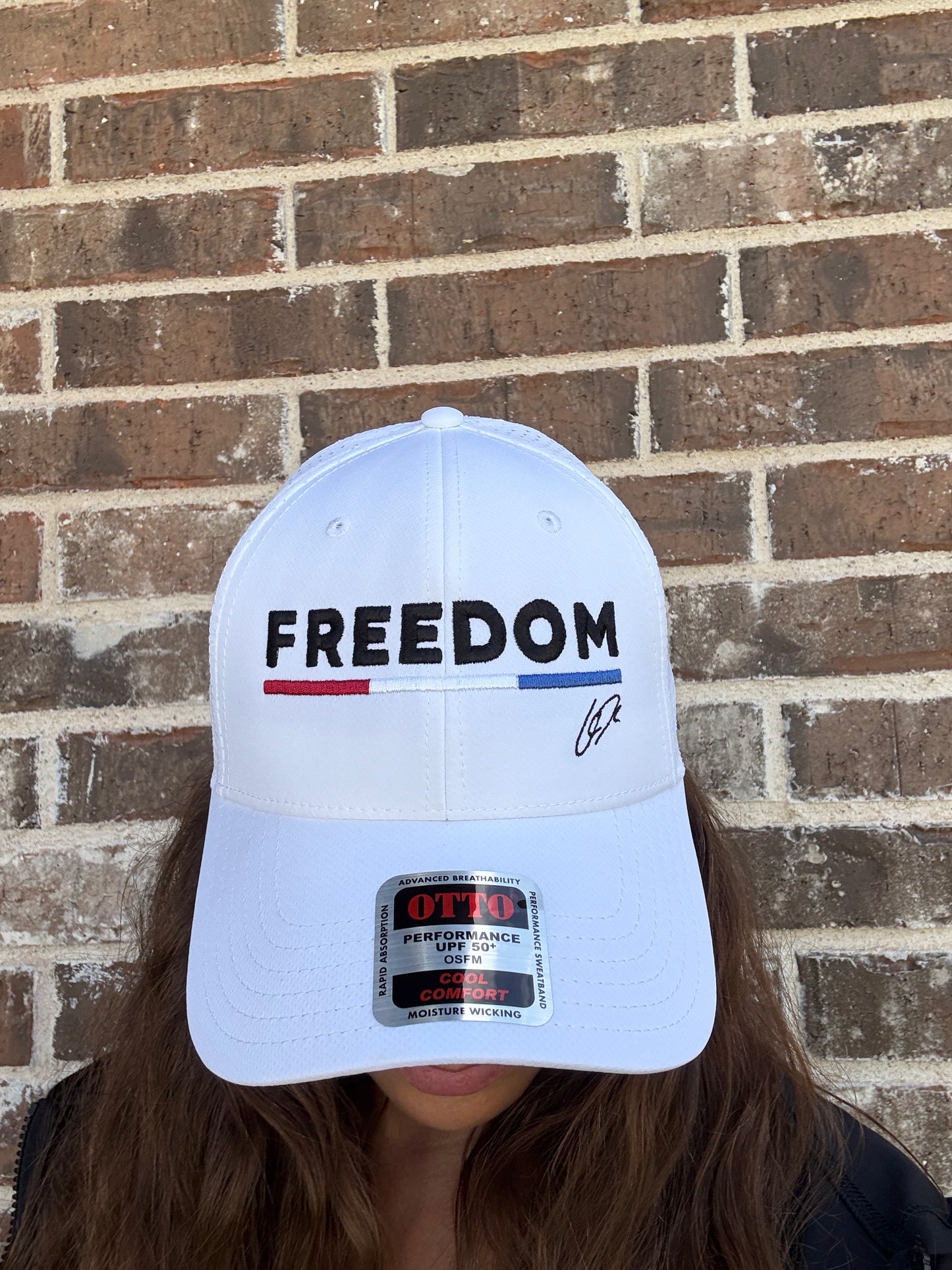 Charlie Kirk Freedom Performance Hat with American Flag Bar and CK initials - White