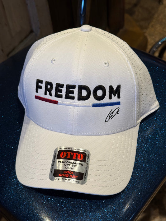 Charlie Kirk Freedom Performance Hat with American Flag Bar and CK initials - White