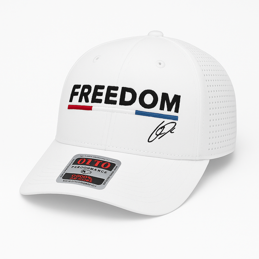 Charlie Kirk Freedom Performance Hat with American Flag Bar and CK initials - White
