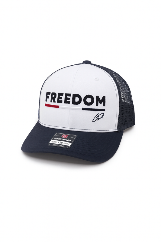 Charlie Kirk Freedom Hat with Initials and American Flag Bar in Navy and White