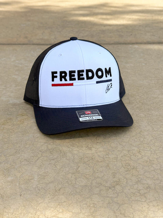 Charlie Kirk Freedom Hat with Initials and American Flag Bar in Navy and White